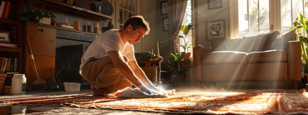 Um homem limpando um tapete empoeirado.