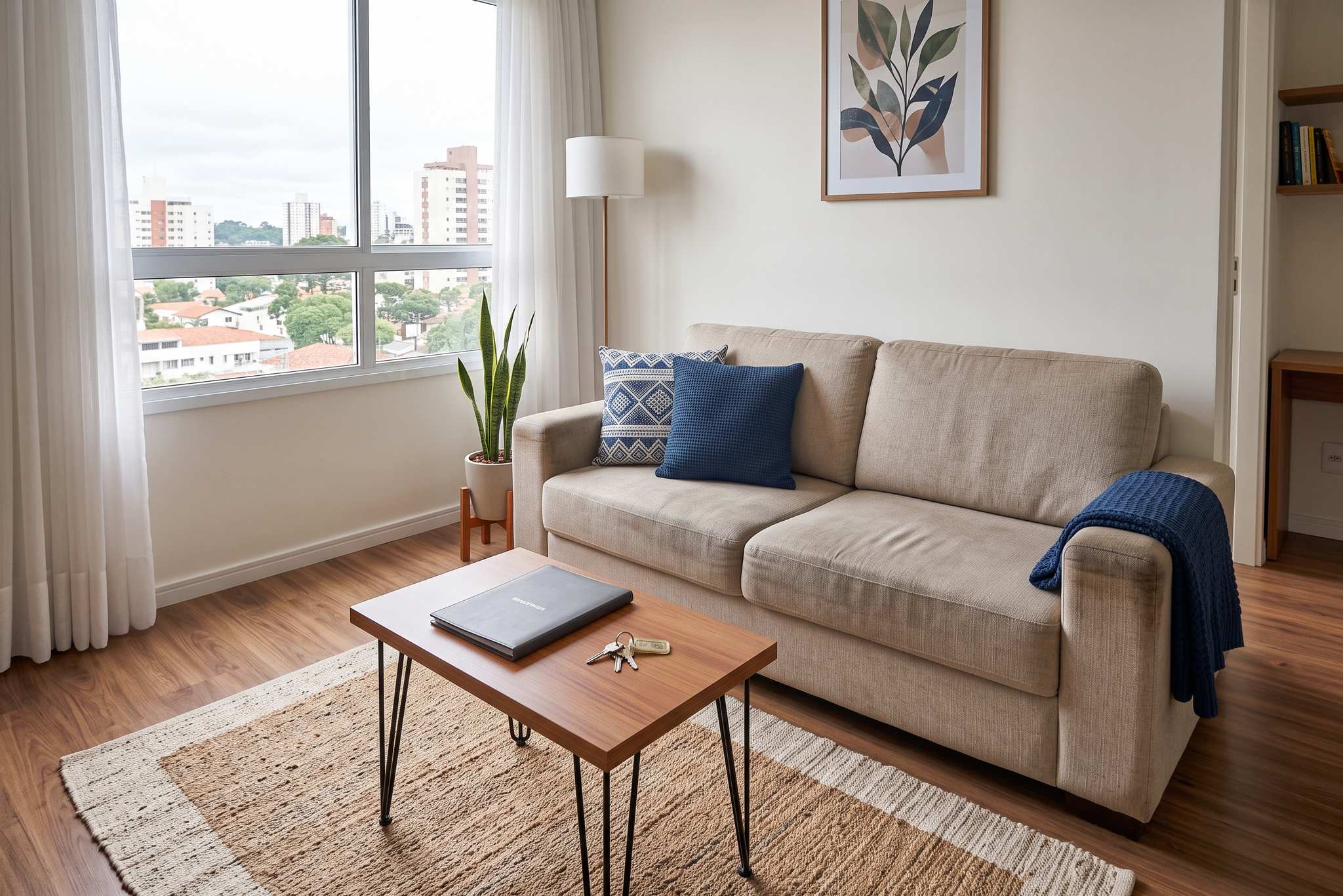Sala de apartamento de temporada com sofá limpo e almofadas arrumadas