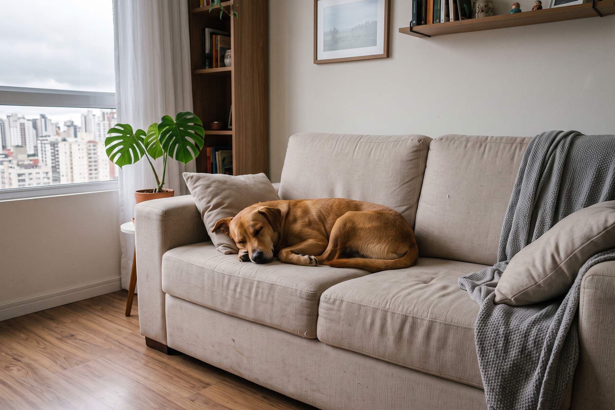 Cachorro dormindo em um sofá de tecido claro